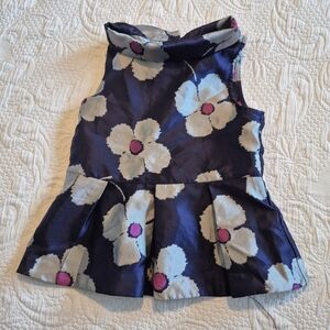 Janie and Jack girls size 5 blouse, navy with gray flowers, pink middle EUC